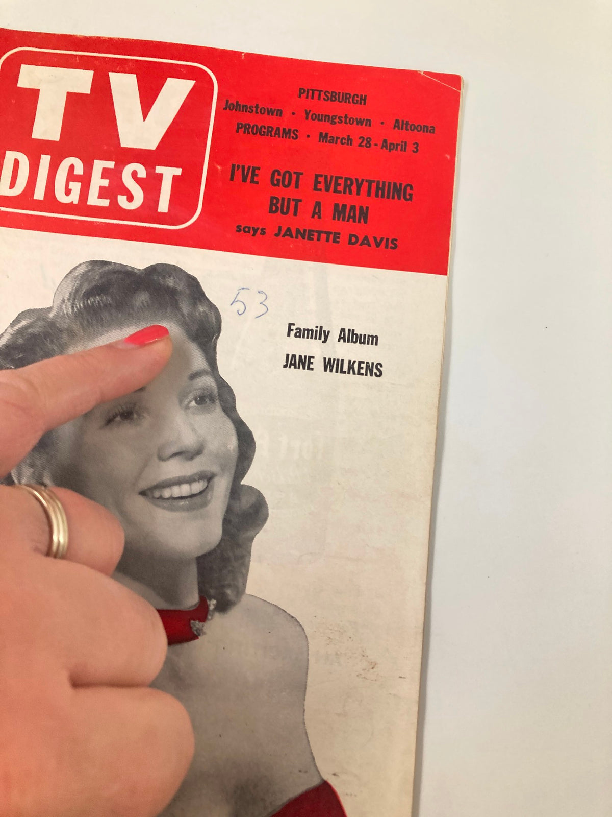 Close-up of the cover of TV Digest Magazine March 28 1953, highlighting Jane Wilkens and the magazine's title in bold letters.