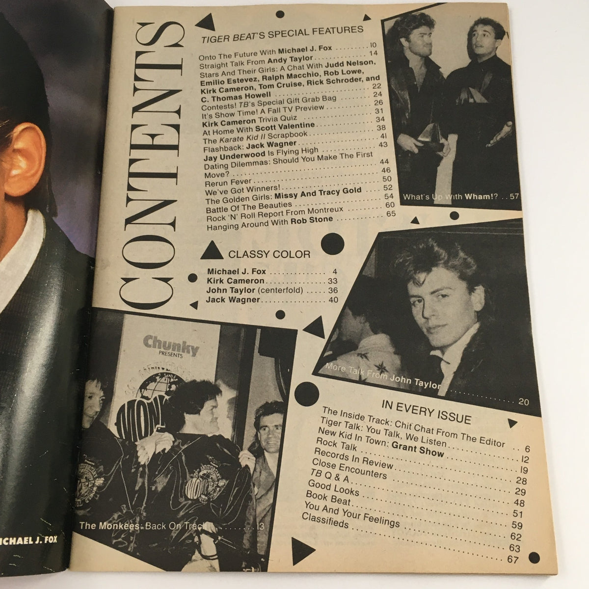 Inside spread of Tigers Beat Magazine October 1986 displaying the contents page featuring articles on Michael J. Fox and Kirk Cameron.