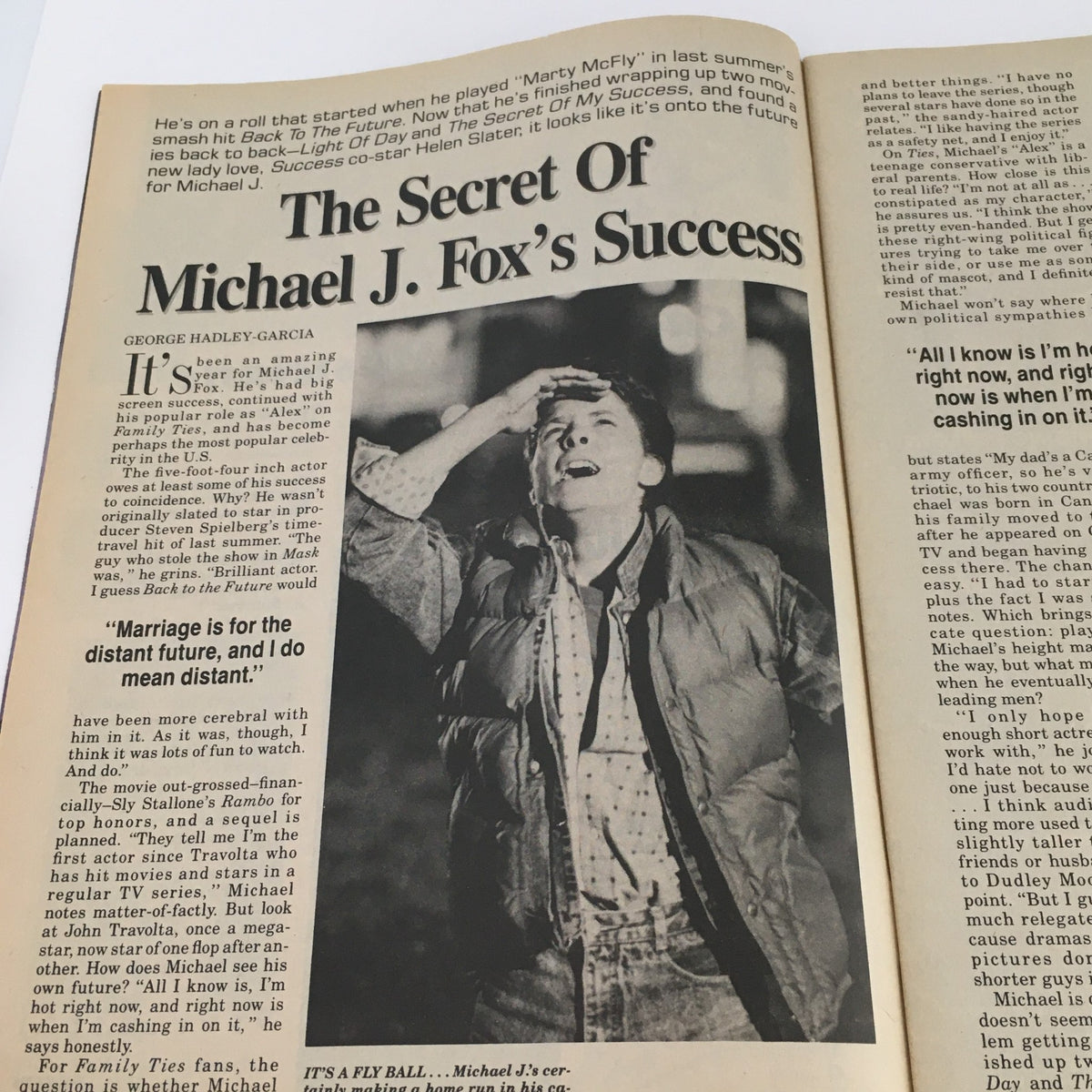 Feature article in Tigers Beat Magazine October 1986 discussing 'The Secret of Michael J. Fox's Success' with an image of Michael J. Fox.
