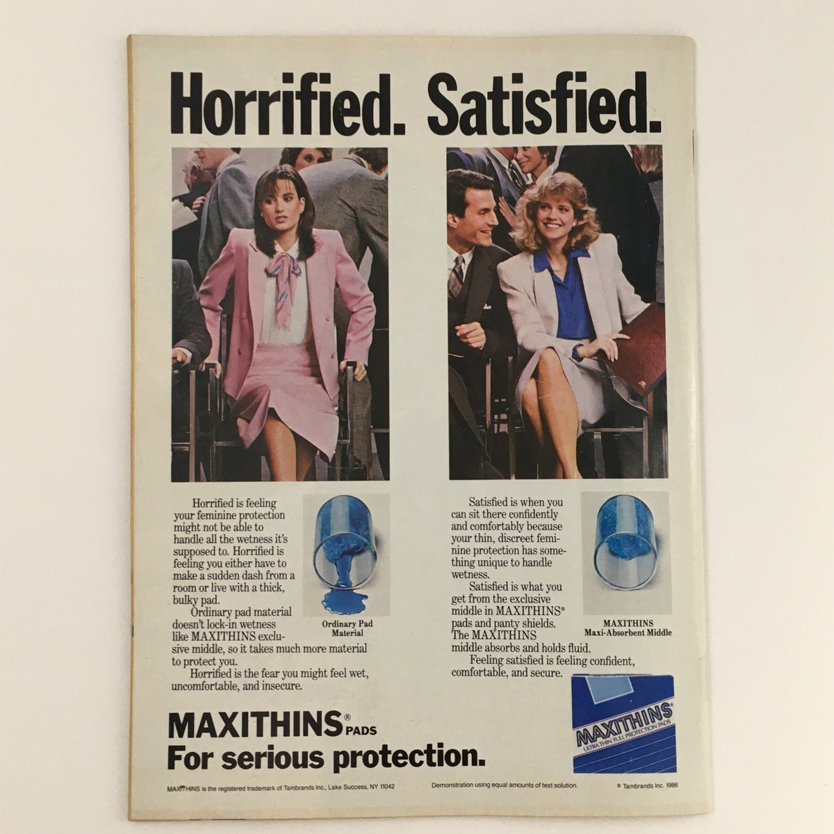 Advertisement from Tigers Beat Magazine October 1986 for Maxithins pads, contrasting two women’s reactions with humorous taglines about feminine protection.