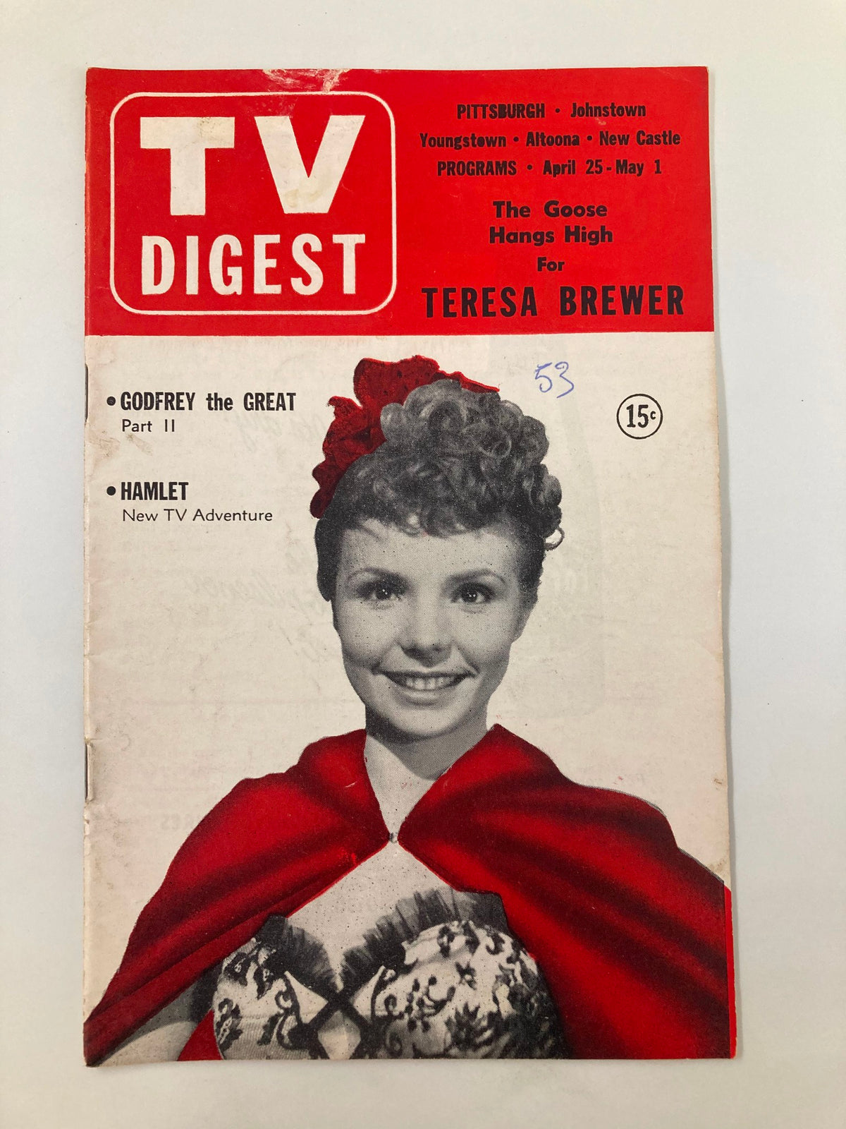 TV Digest Magazine cover from April 25, 1953, featuring Teresa Brewer, showcasing vintage television programming and nostalgia from the early 1950s. The magazine is part of the Pittsburgh/Tri-State Edition.
