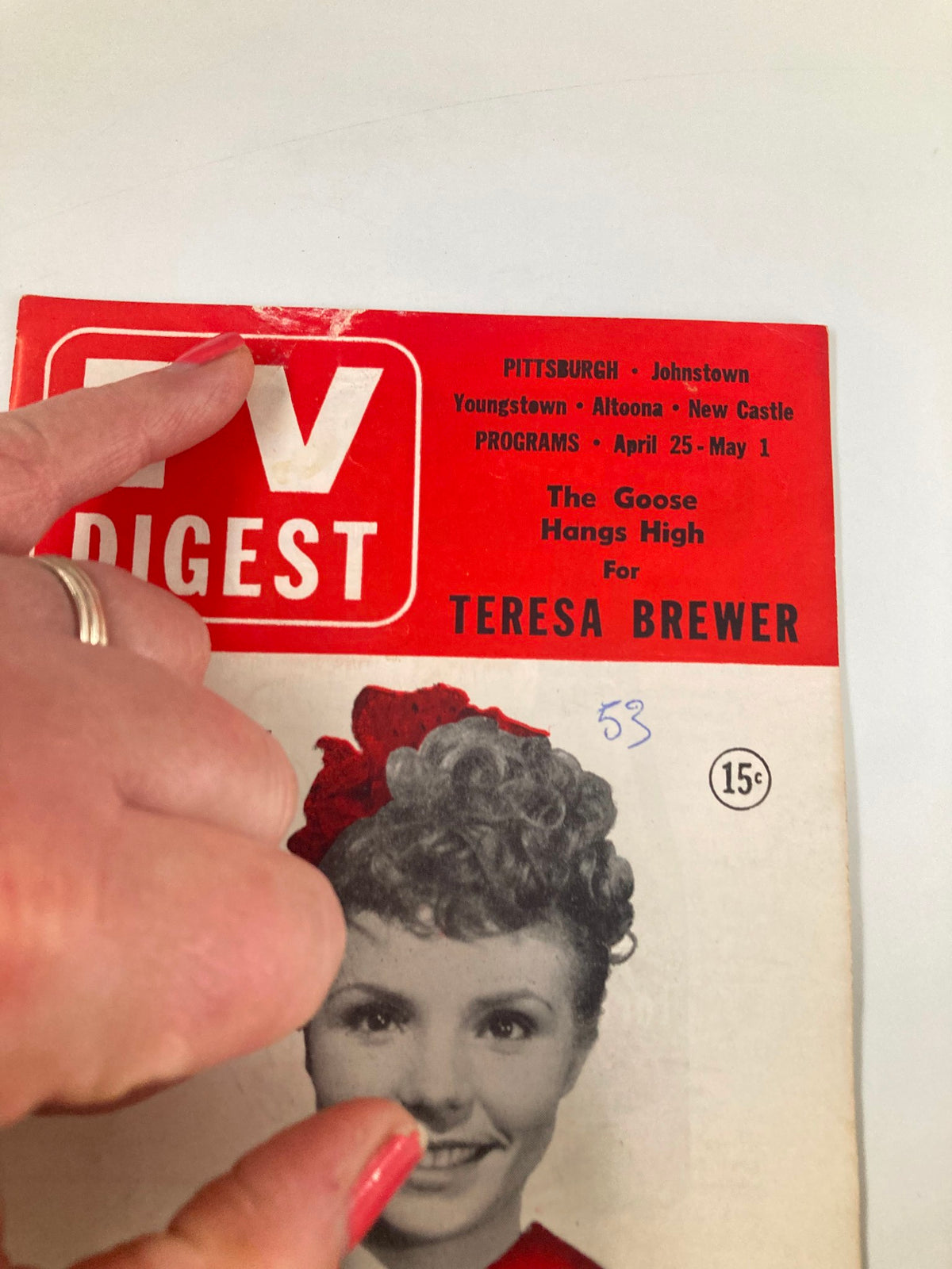 Close-up view of the TV Digest Magazine from April 25, 1953, featuring Teresa Brewer on the cover, highlighting details including the title and magazine's price.