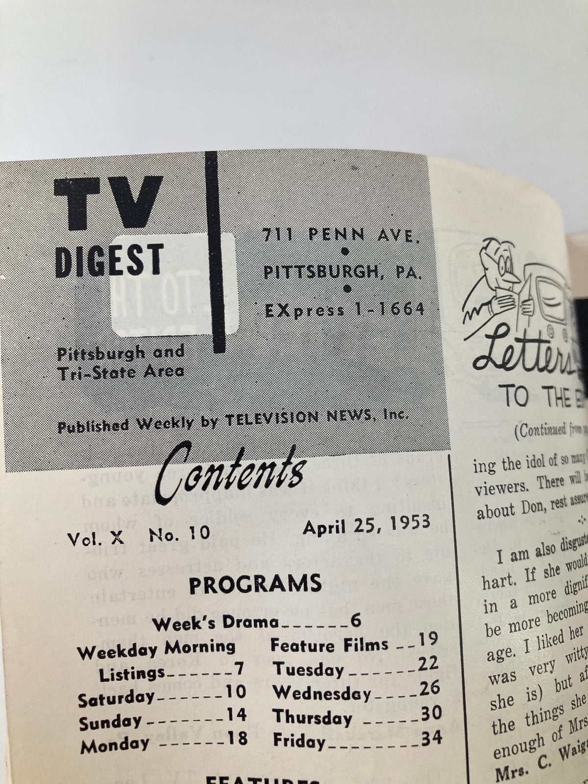 Another inside content page of the TV Digest Magazine from April 25, 1953, with program listings and features, showcasing the vintage design.