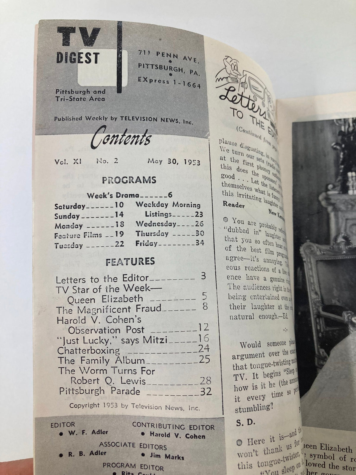 Inside page of the TV Digest Magazine from May 30, 1953 displaying the table of contents, featuring articles about Queen Elizabeth and the week’s TV programs.