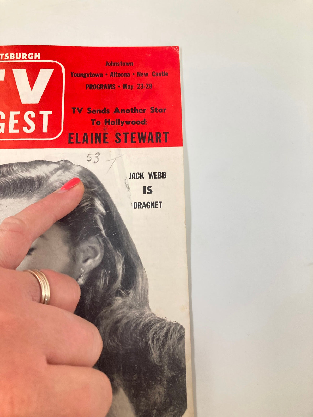 Close-up of the TV Digest Magazine May 23 1953 cover, highlighting Elaine Stewart's portrait and key features about television stars.