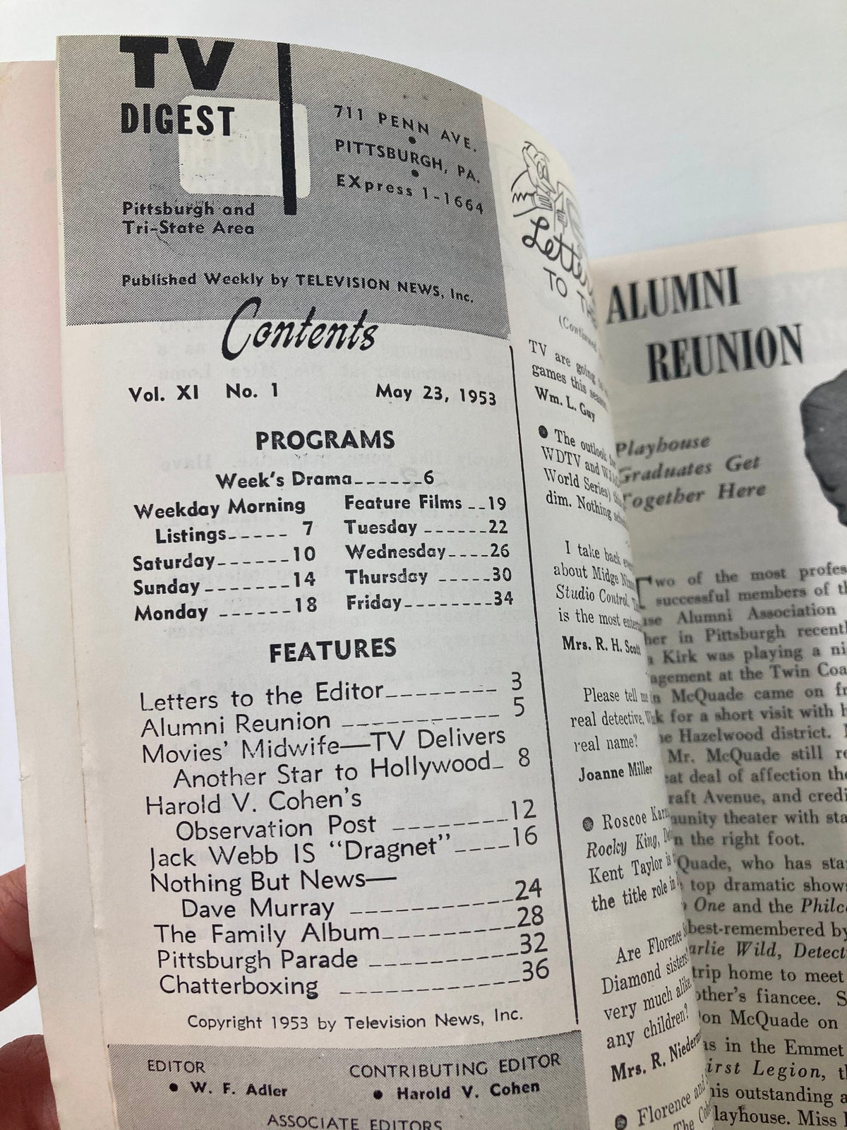 Contents page of TV Digest Magazine May 23 1953, listing program details and features including Jack Webb and 'Dragnet', reflecting 1950s TV culture.