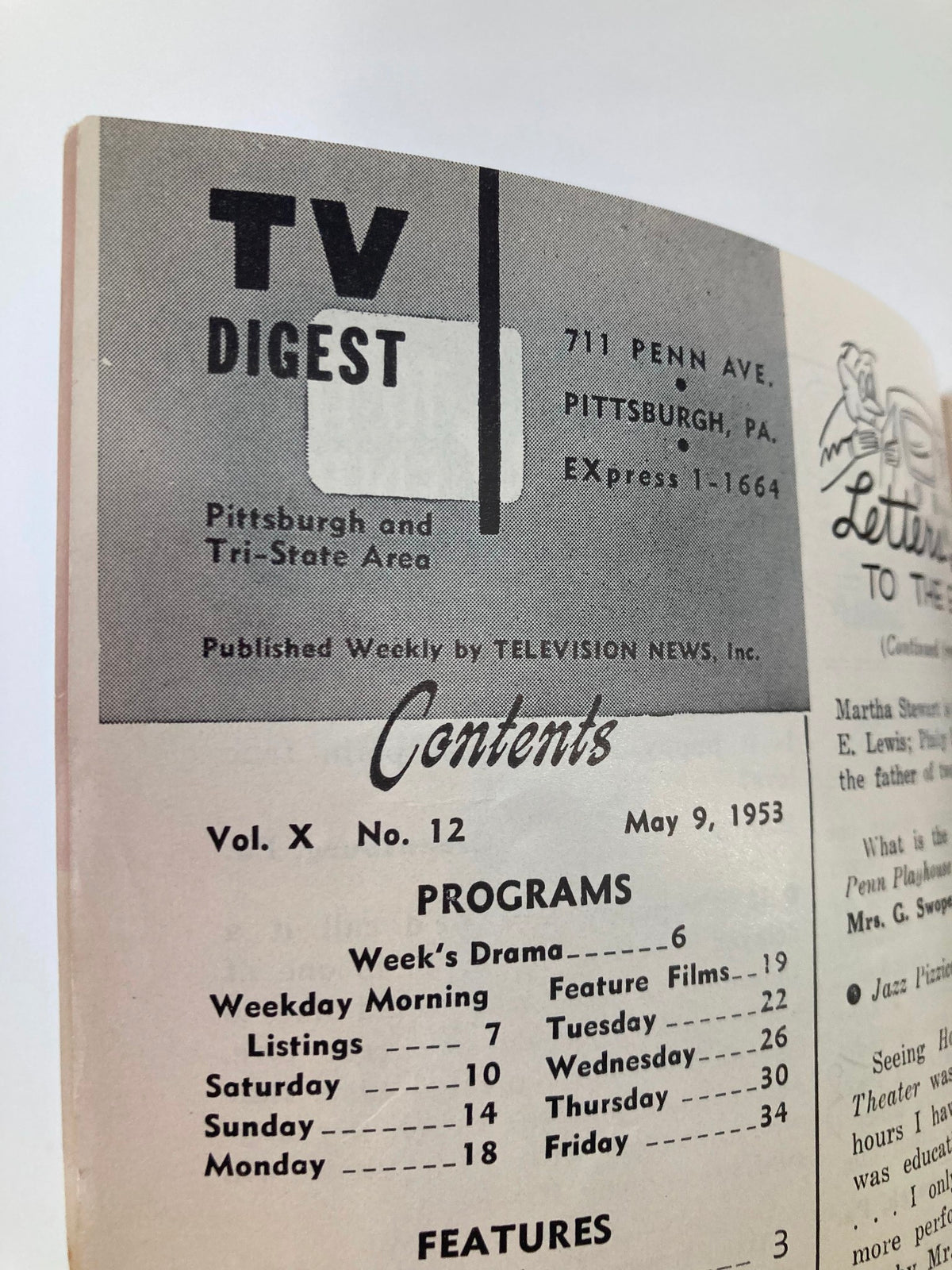Detailed contents page from TV Digest Magazine, May 9, 1953 edition, with program listings and features related to television history.