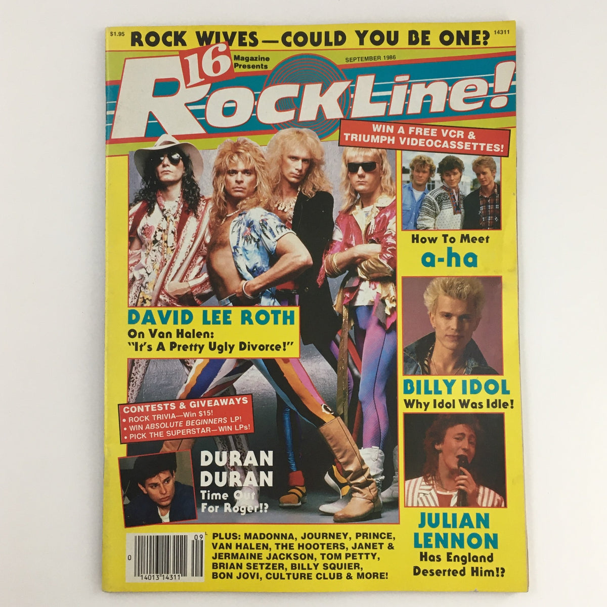 Cover of 16 Magazine Rockline! September 1986 featuring David Lee Roth and Duran Duran, showcasing the vibrant 80s music scene.