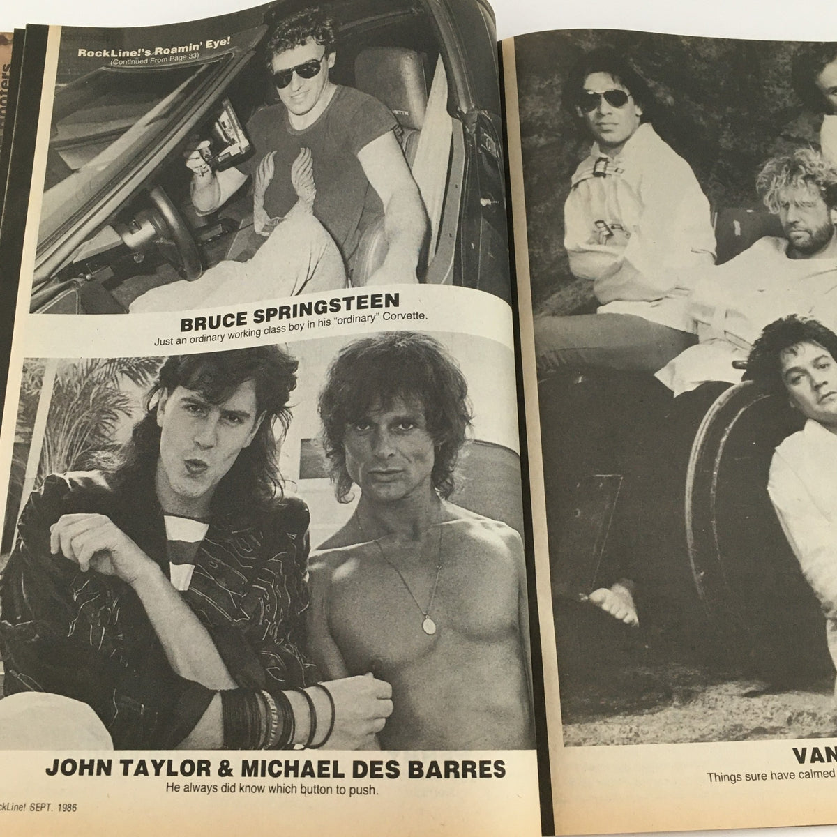 Bruce Springsteen, John Taylor, and Michael Des Barres in the September 1986 issue of 16 Magazine Rockline, highlighting iconic music stars.
