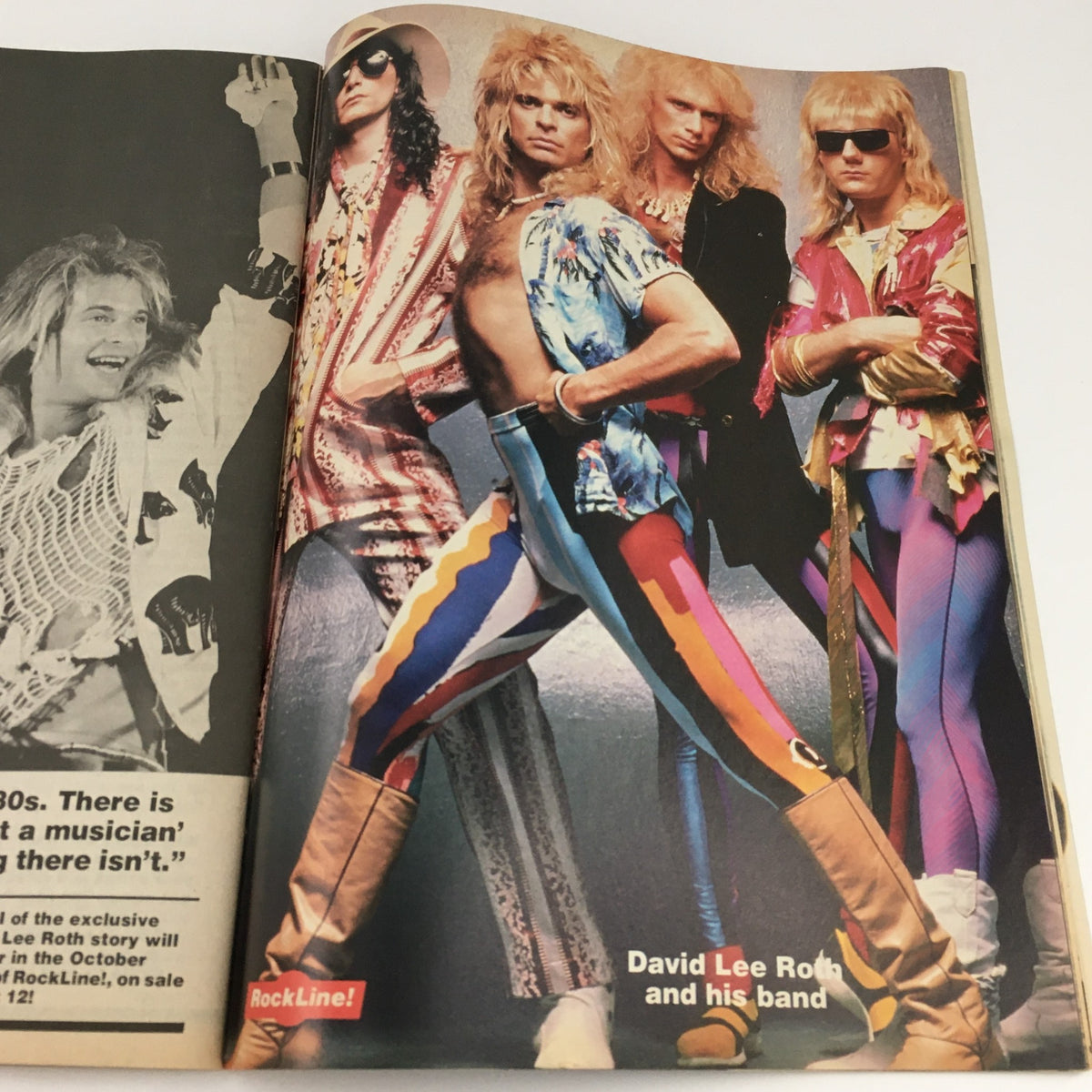 David Lee Roth and his band from the September 1986 issue of 16 Magazine Rockline, exemplifying the glam rock style of the 80s.