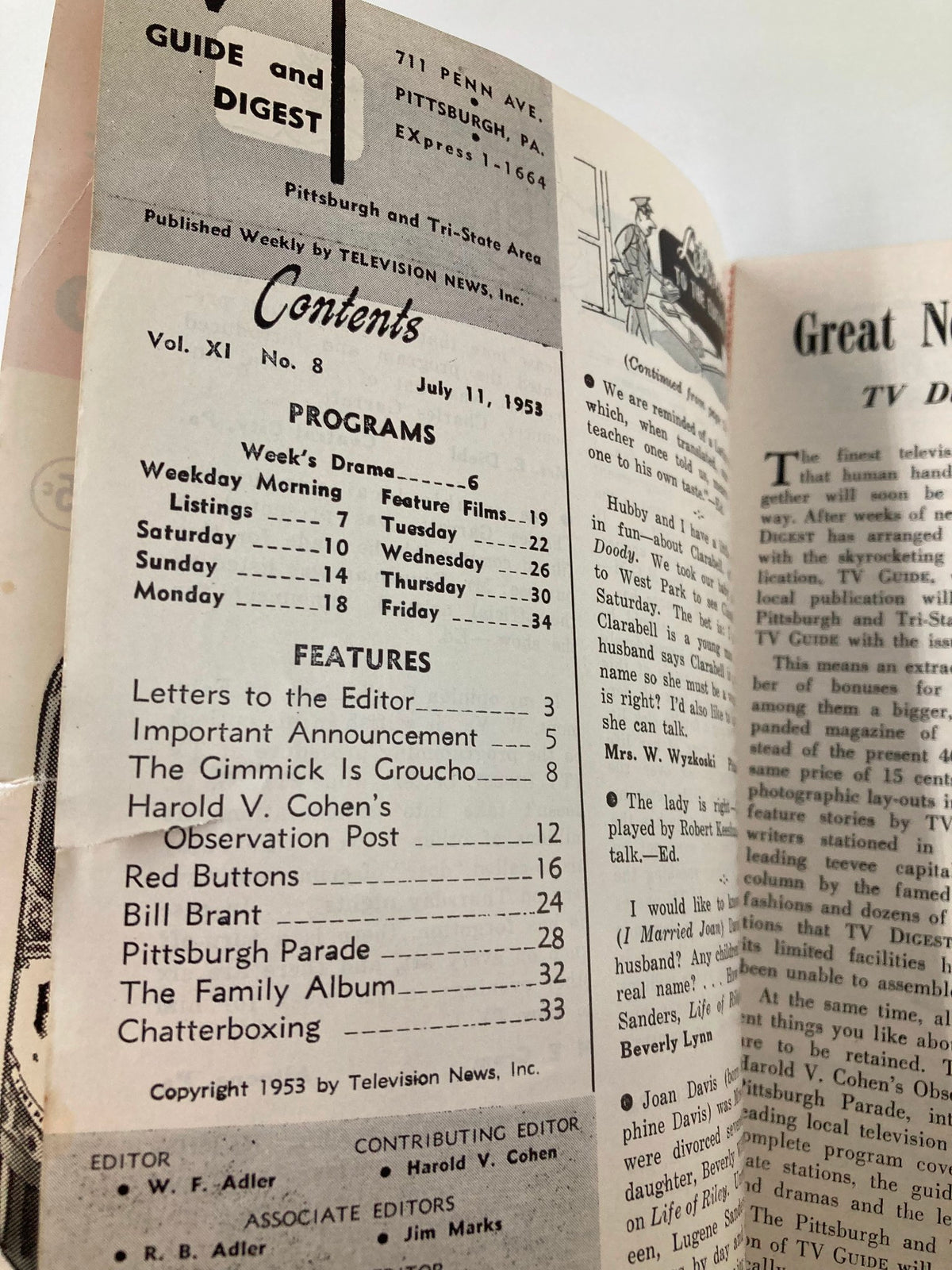 TV Digest Magazine July 11 1953, featuring the table of contents with scheduled programs and features, showcasing the Gimmick is Groucho section.