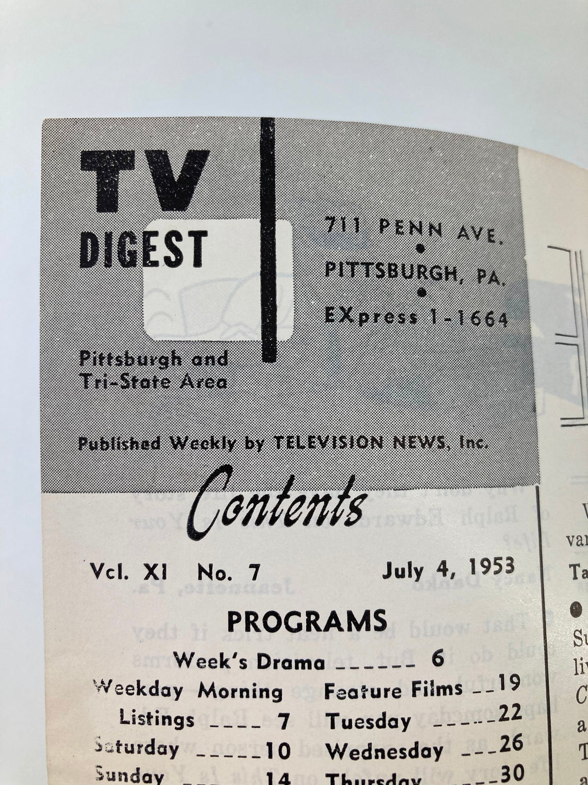 TV Digest Magazine July 4 1953 Contents Page with program listings and features, highlighting television history from Pittsburgh/Tri-State Area.