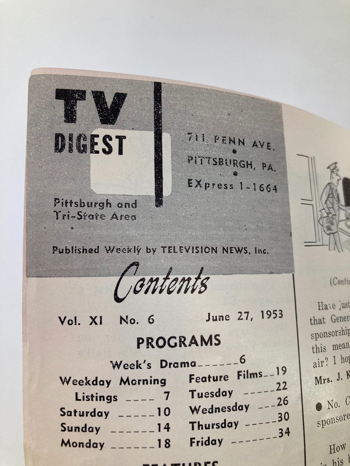 Close-up of the table of contents page from the TV Digest Magazine June 27, 1953. Lists features and programs along with editorial details, pertinent to classic television history.