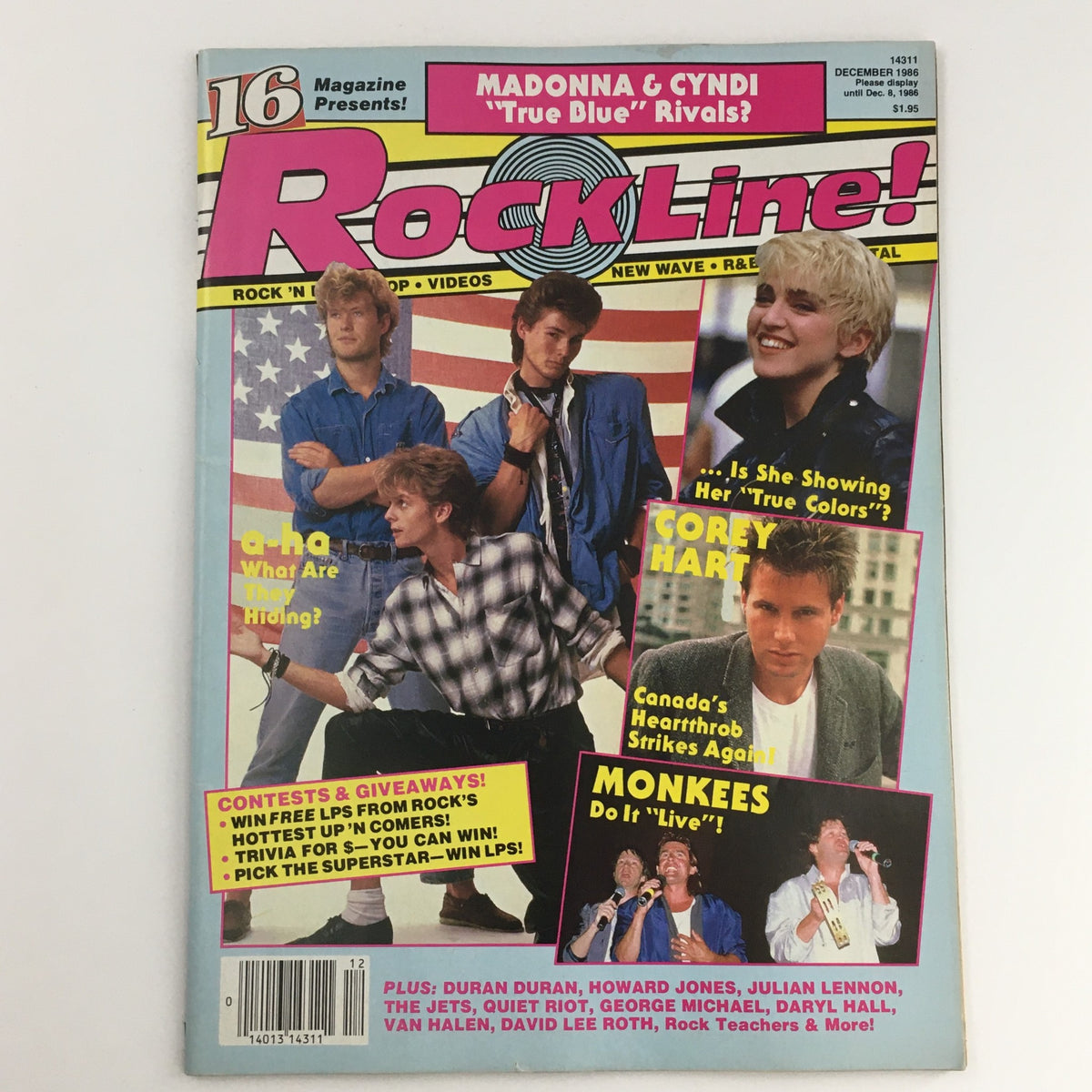 Cover of 16 Magazine Rockline! December 1986 featuring A-Ha, Madonna, and Corey Hart. The vibrant magazine highlights 80s pop culture with interviews, contests, and insights into the artists' lives.