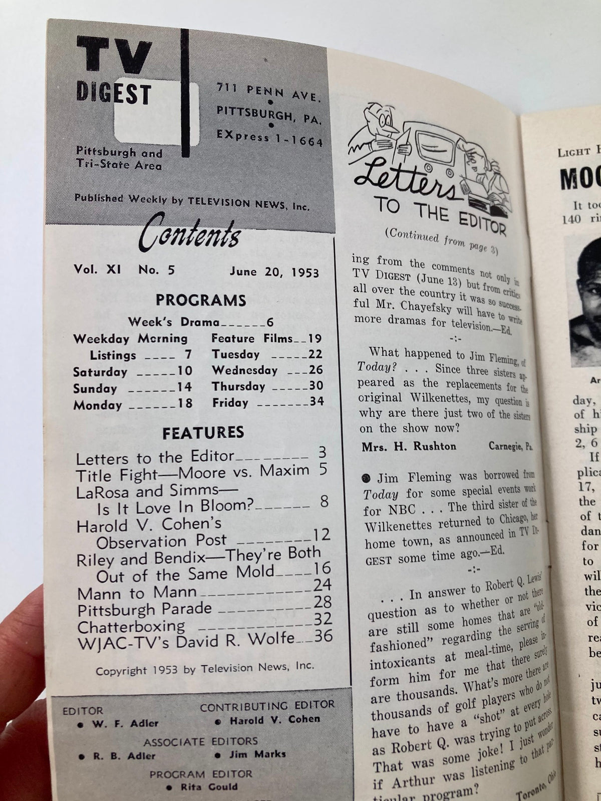 TV Digest Magazine June 20 1953 cover image featuring the contents including programs and features of the Pittsburgh/Tri-State edition.