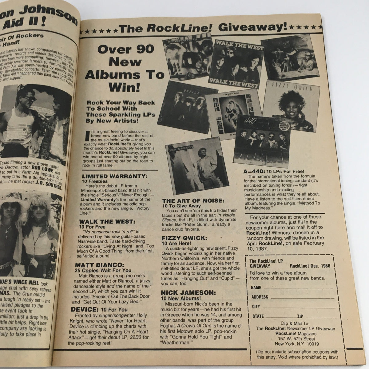Promotional page for the RockLine! giveaway, included in the 16 Magazine Rockline! December 1986 issue. Showcasing various new albums to win, emphasizing the excitement of 80s music.
