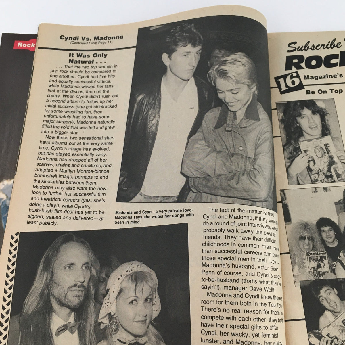 Cyndi Lauper and Madonna discussed in the 16 Magazine Rockline! December 1986 issue, reflecting the rivalry and connection between two pop music icons of the 80s.