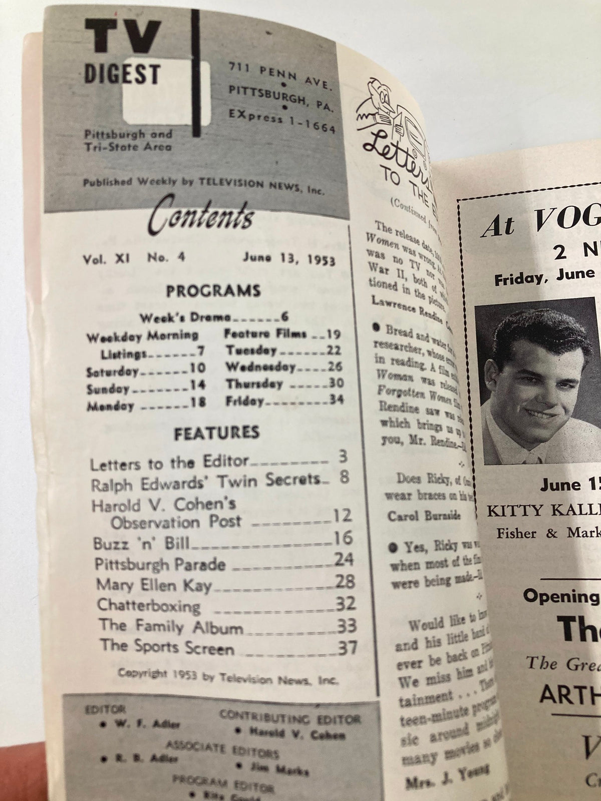 Table of Contents from TV Digest Magazine June 13, 1953, detailing features and television programs for the week, focusing on Pittsburgh and Tri-State viewers.