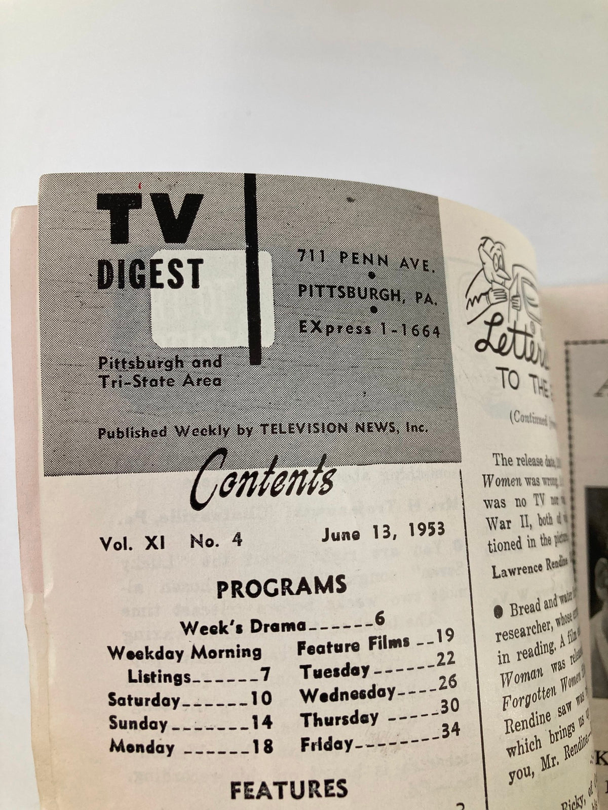 Another view of the Table of Contents from TV Digest Magazine June 13, 1953, listing articles and programs, emphasizing the content quality and structure of vintage publications.
