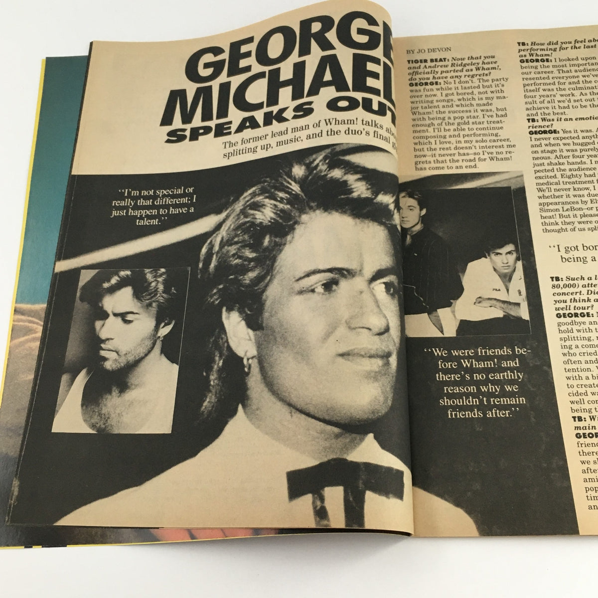 Article titled 'George Michael Speaks Out' from Tiger Beat Magazine December 1986, featuring a photo of George Michael and interview insights.
