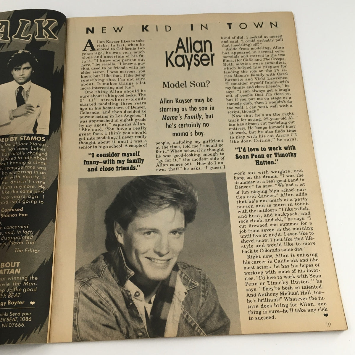 Feature on Allan Kayser titled 'New Kid in Town' from Tiger Beat Magazine December 1986, highlighting his career and aspirations.