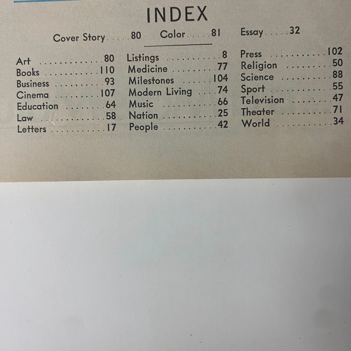 The index page of Time Magazine from October 13, 1967, listing topics such as Art, Music, and Medicine. This page provides an overview of the magazine's content.