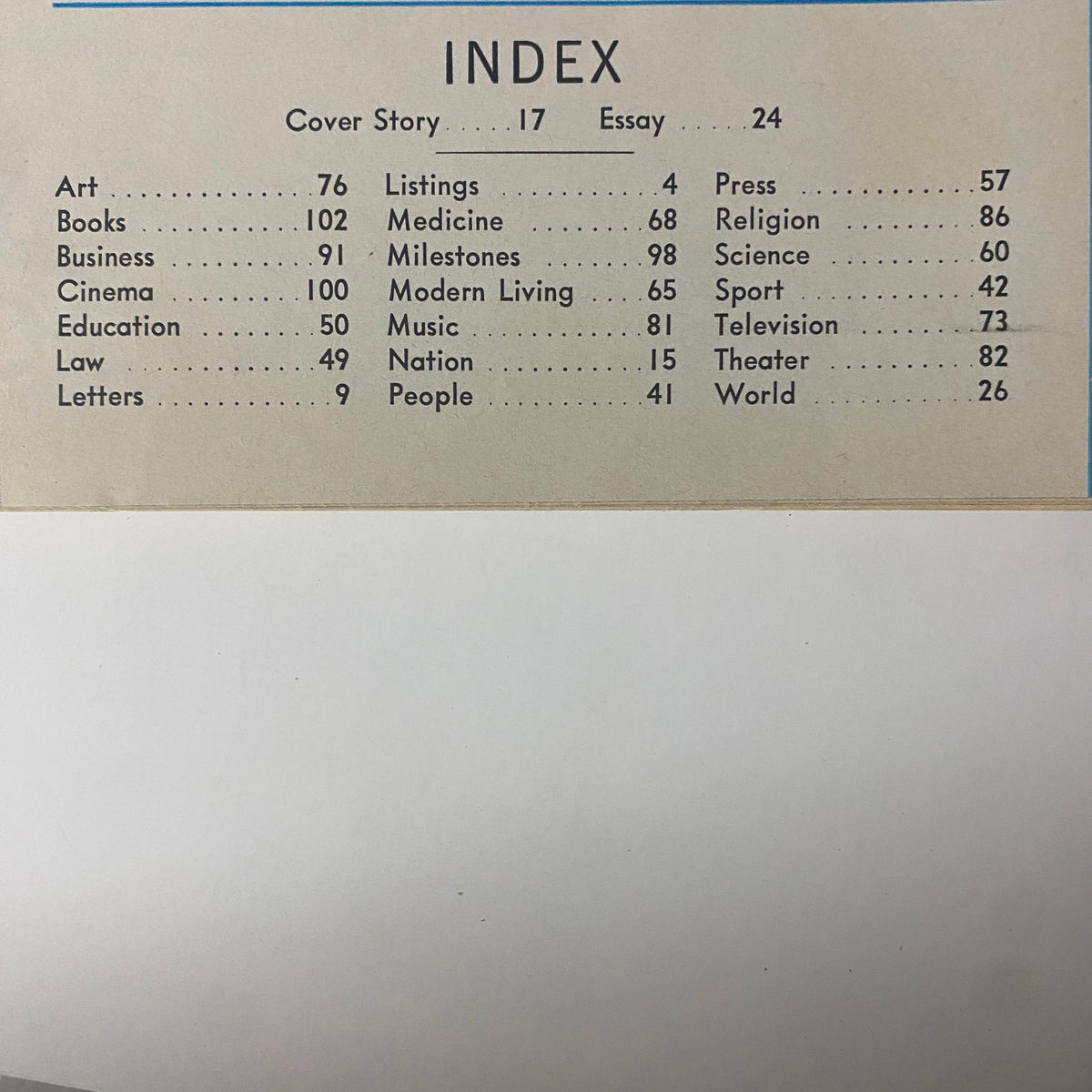 Index page of Time Magazine Vol 90 No. 16, dated October 20, 1967, listing article topics such as Art, Books, Business, and more.