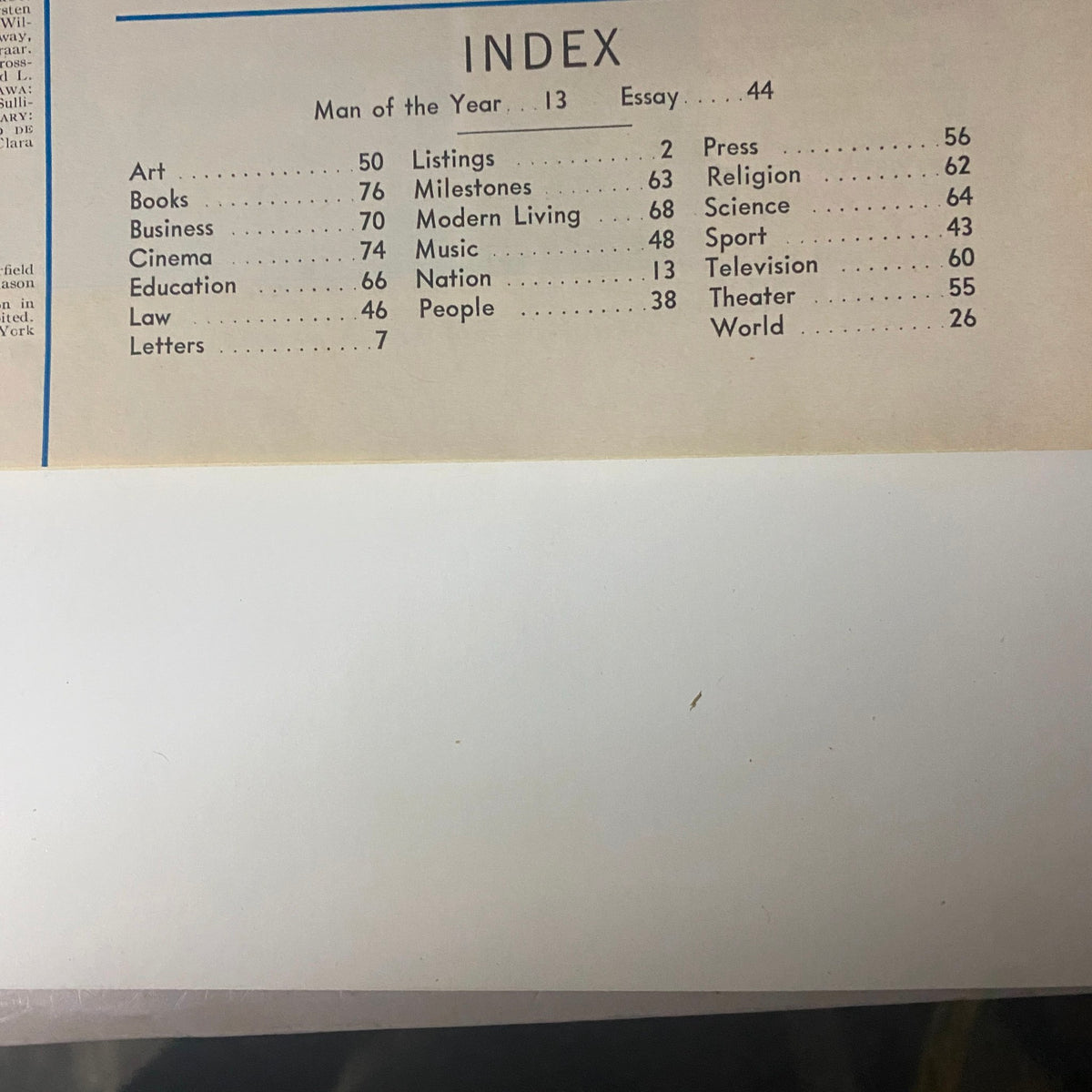 Index page of Time Magazine, January 5, 1968, listing the contents including 'Man of the Year,' features, and essays.