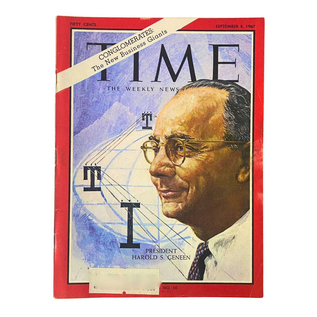 Cover of Time Magazine from September 8, 1967 featuring President Harold S. Geneen, showcasing the theme 'Conglomerates: The New Business Giants', with illustration of Geneen and ITT branding.