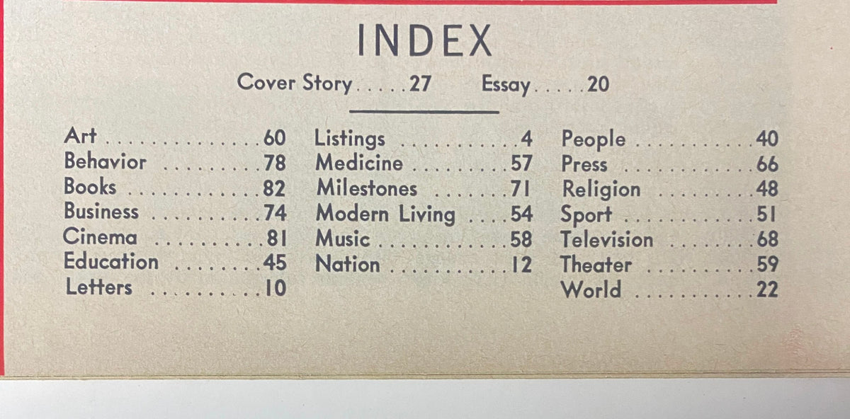 Index page from Time Magazine, June 27, 1969, listing various articles including the cover story on Prince Charles and essays related to contemporary topics.