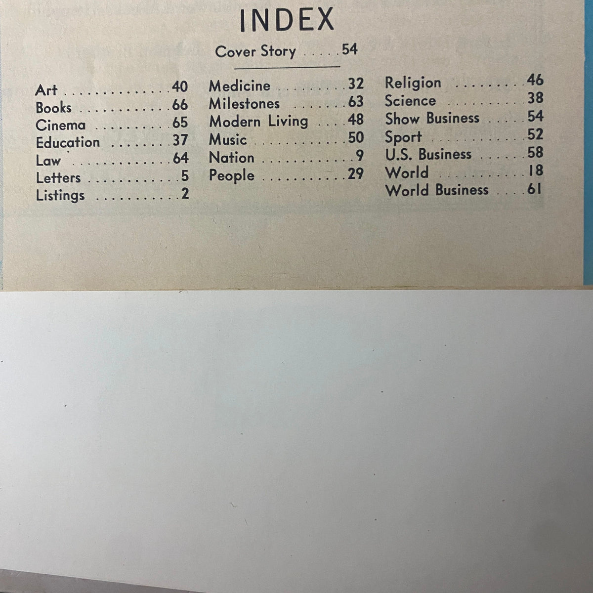 Index page of Time Magazine September 1, 1967, Vol 90 No. 9 featuring key topics including Art, Cinema, Education, and U.S. Business.