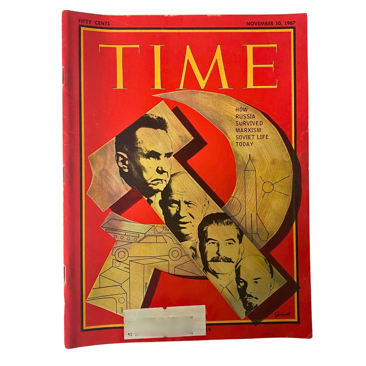 Cover of Time Magazine, dated November 10, 1967, featuring the title 'How Russia Survived Marxism: Soviet Life Today' along with depictions of Soviet leaders and symbols such as the hammer and sickle, providing insights into life in the Soviet Union during the Cold War.