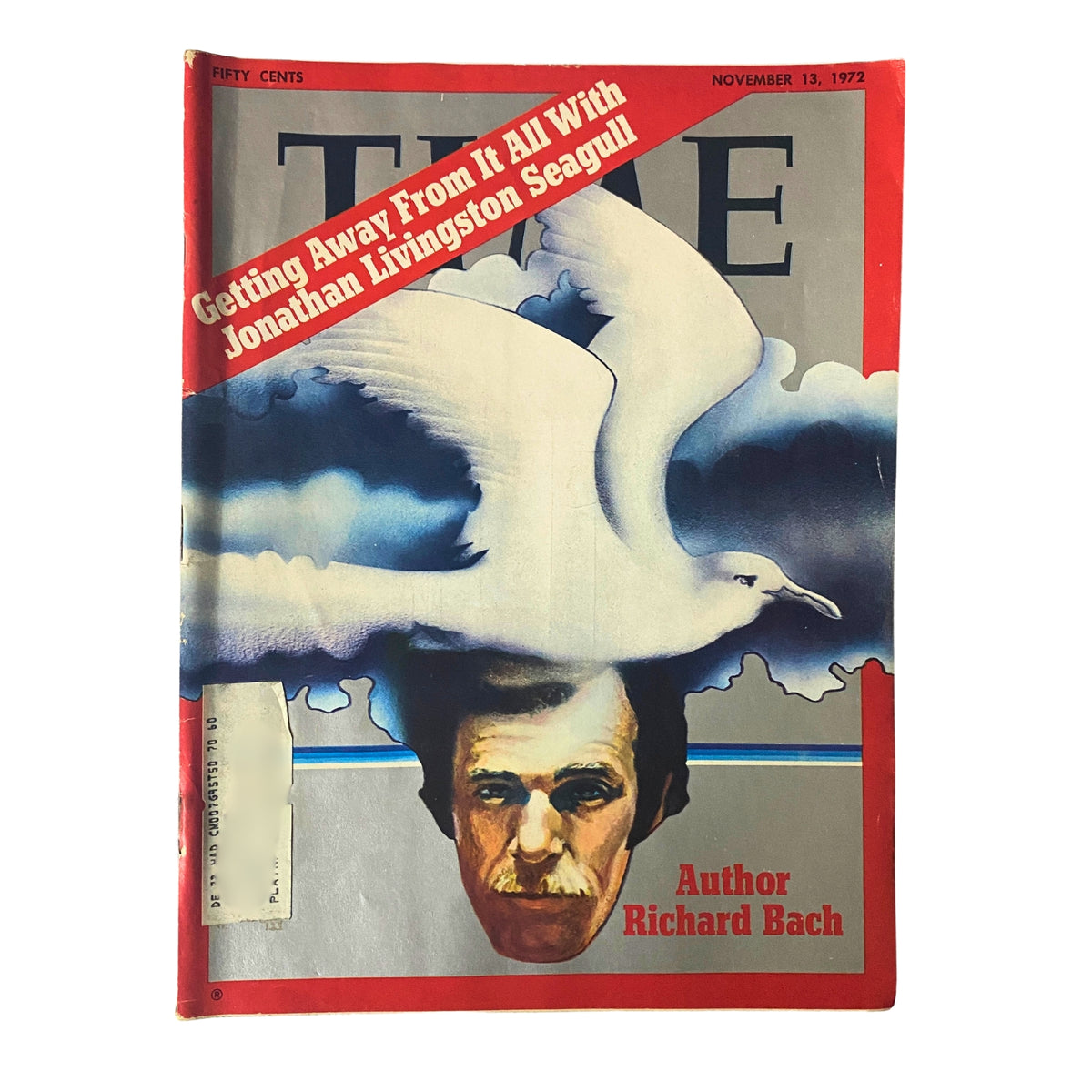 Cover of Time Magazine from November 13, 1972 featuring author Richard Bach and the headline 'Getting Away From It All With Jonathan Livingston Seagull'. This issue showcases Bach's literary impact and its cultural significance.