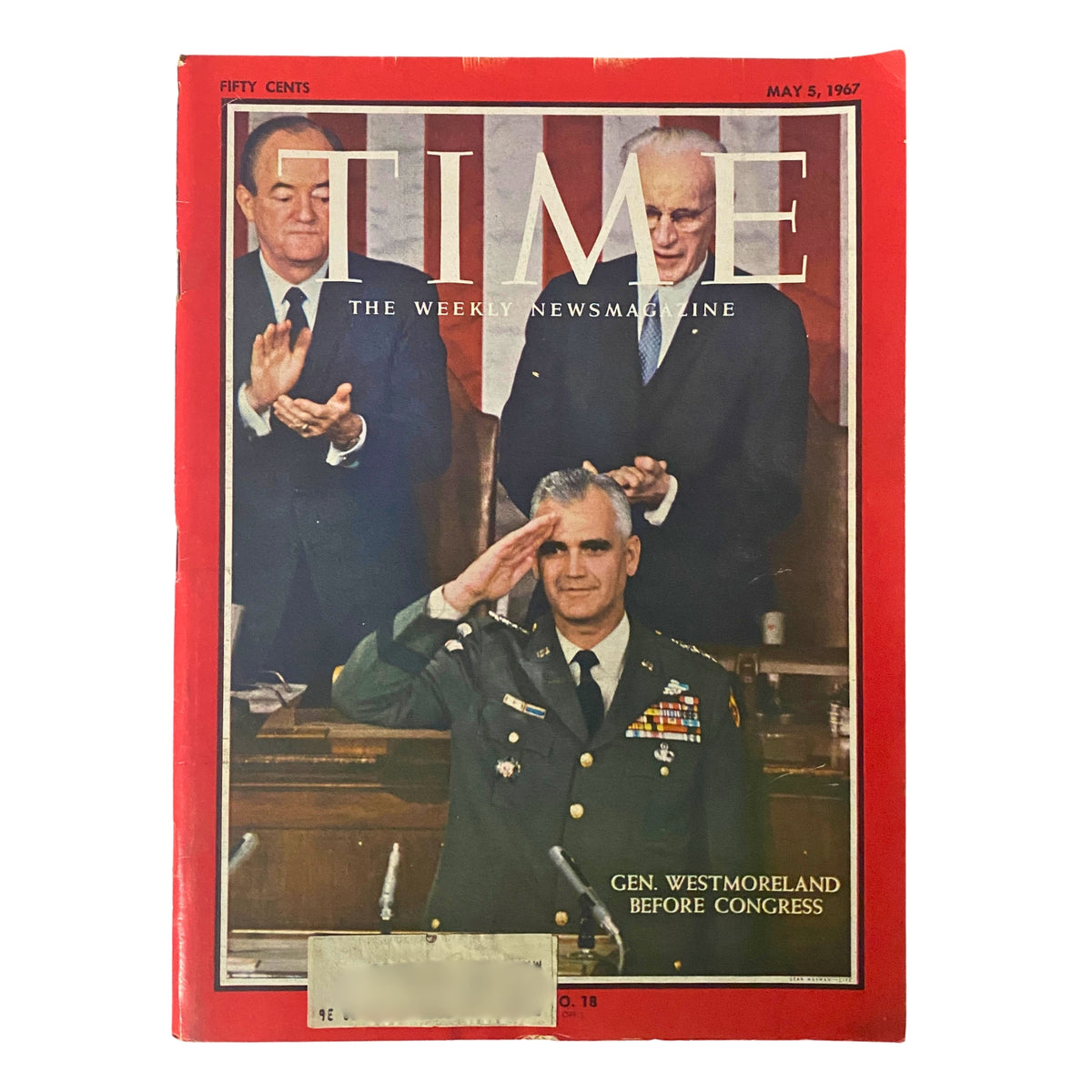 Time Magazine May 5, 1967 cover featuring General William Westmoreland testifying before Congress, with two officials in the background applauding.