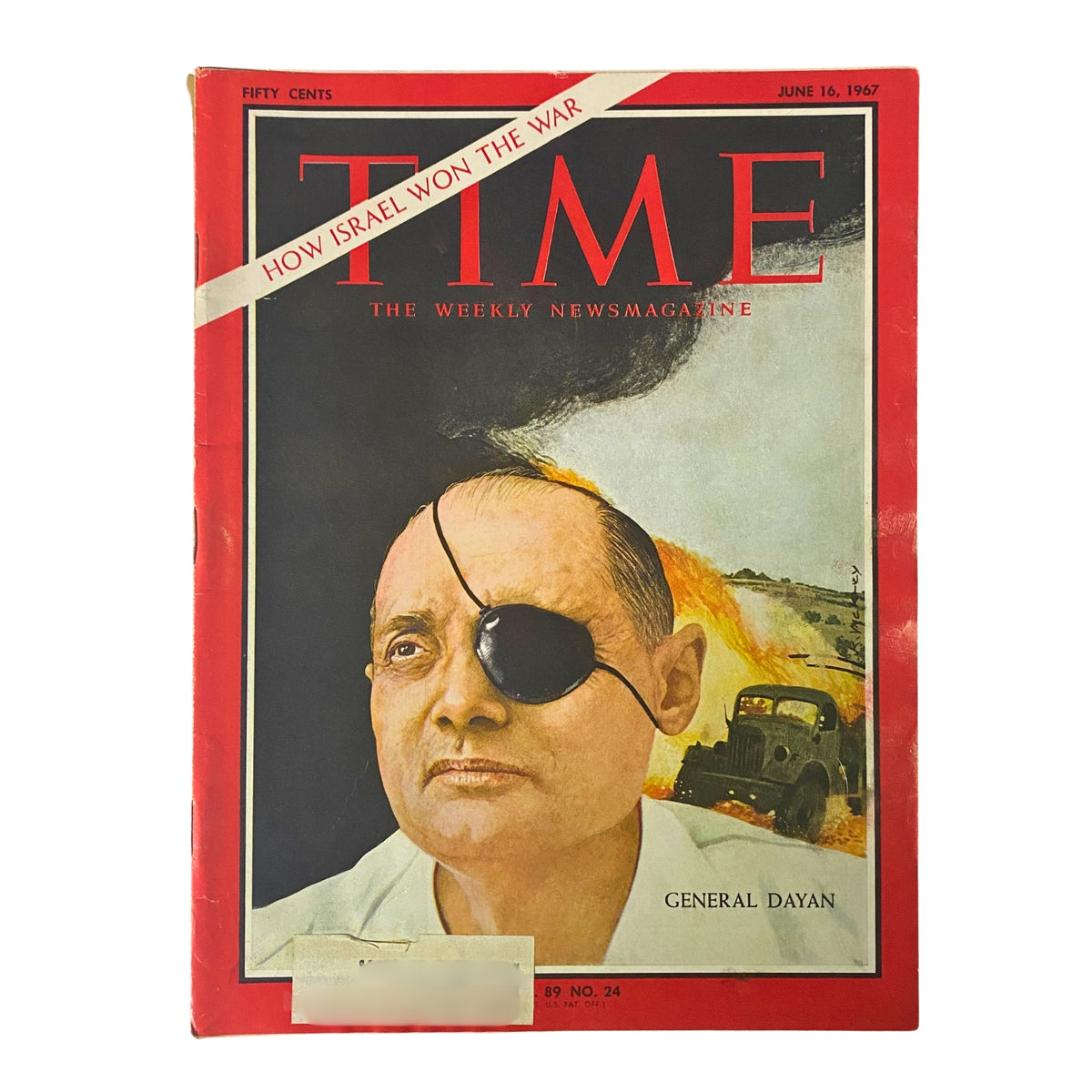 Cover of Time Magazine June 16, 1967 featuring General Moshe Dayan, Israel's Minister of Defense, with the headline 'How Israel Won the War'. The image showcases Dayan's iconic look with an eyepatch, set against a backdrop of military scenes.