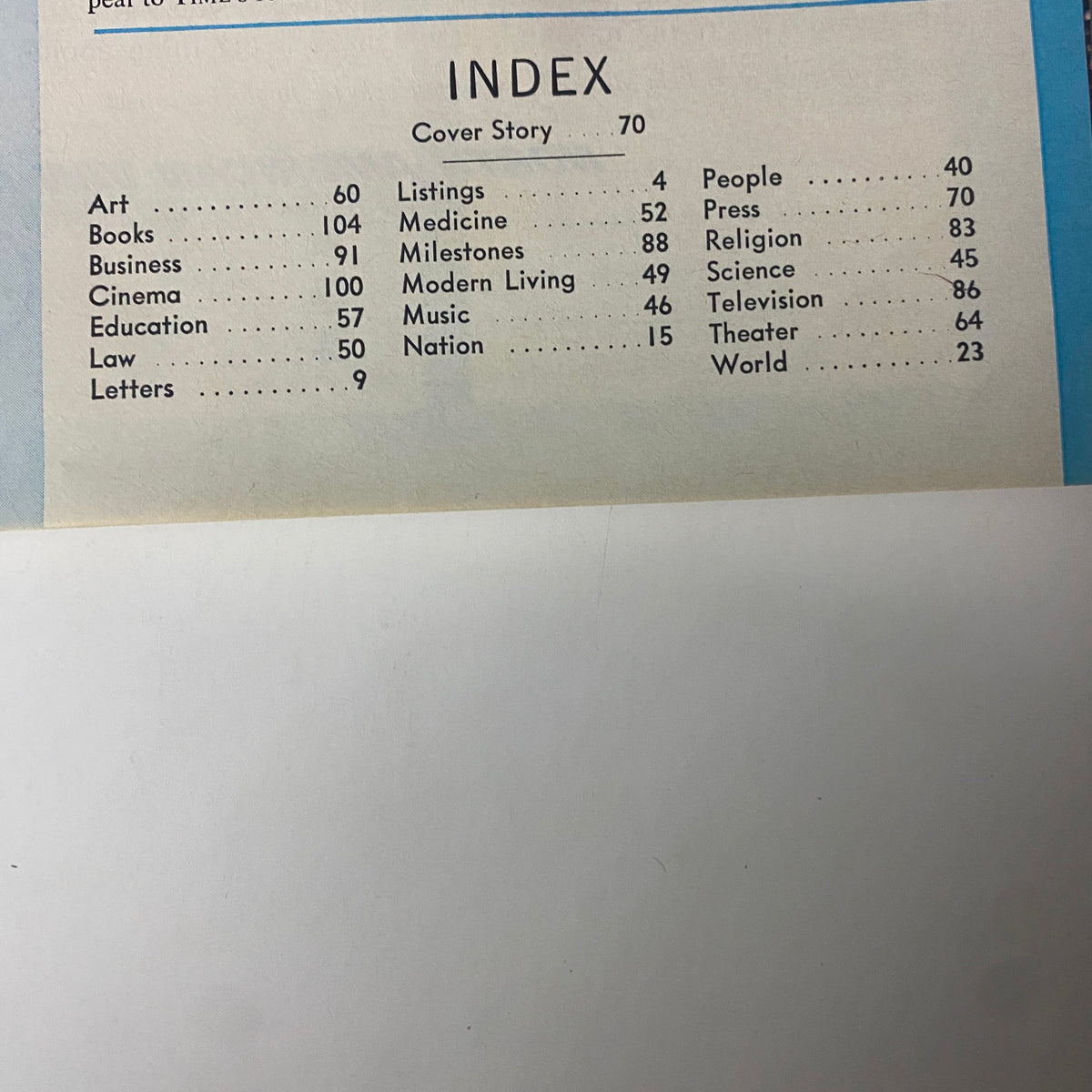 Index page from Time Magazine November 3, 1967 Vol 90 No. 18 featuring topic sections including Art, Books, Business, Education, and more.