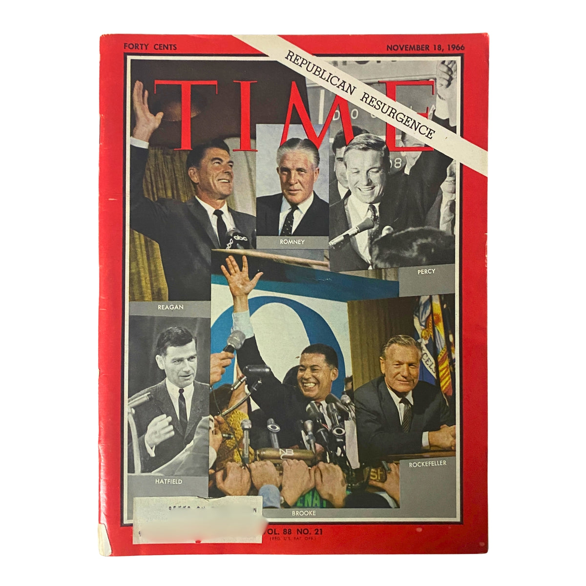 Time Magazine November 18, 1966 Vol 88 No. 21 Republican Resurgence cover featuring prominent Republican figures including Reagan, Romney, and Rockefeller, highlighting the political landscape of the 1960s.