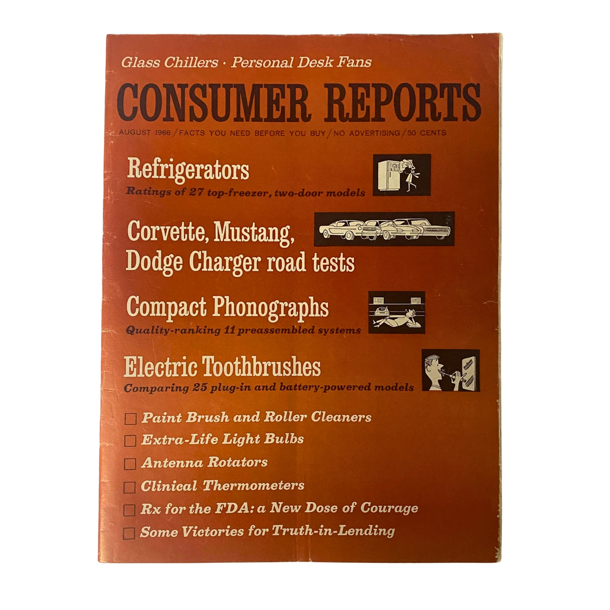 Cover of Consumer Reports Magazine August 1966, highlighting ratings for refrigerators, road tests on Corvette, Mustang, and Dodge Charger, and electric toothbrushes.