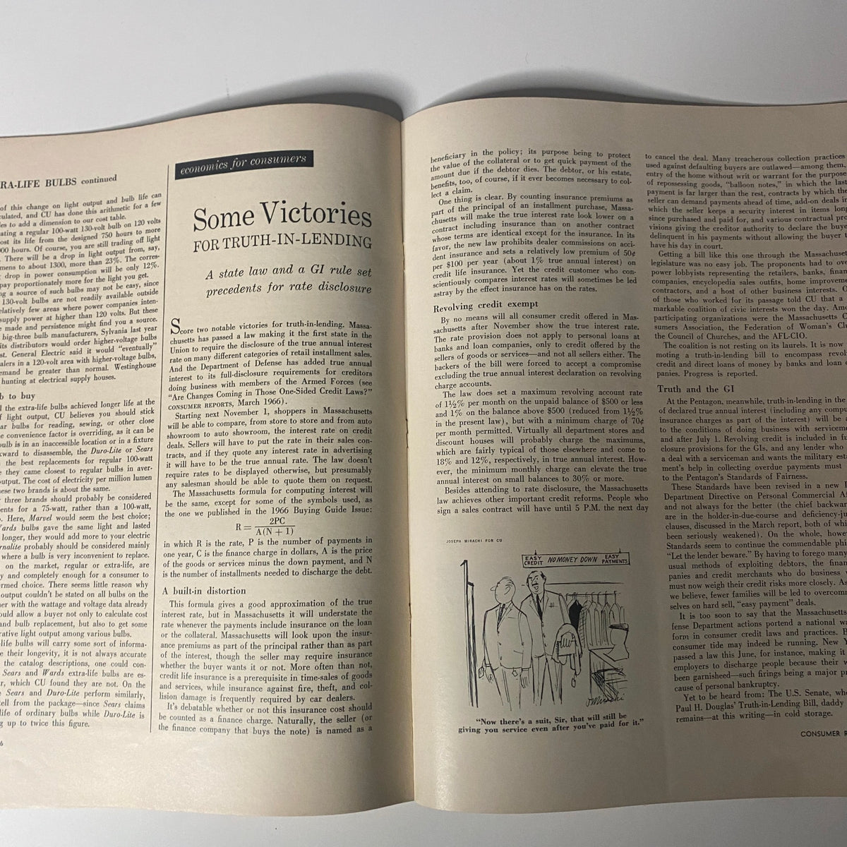 Inside page of Consumer Reports Magazine August 1966 discussing victories for truth-in-lending, featuring insights on consumer financial rights.