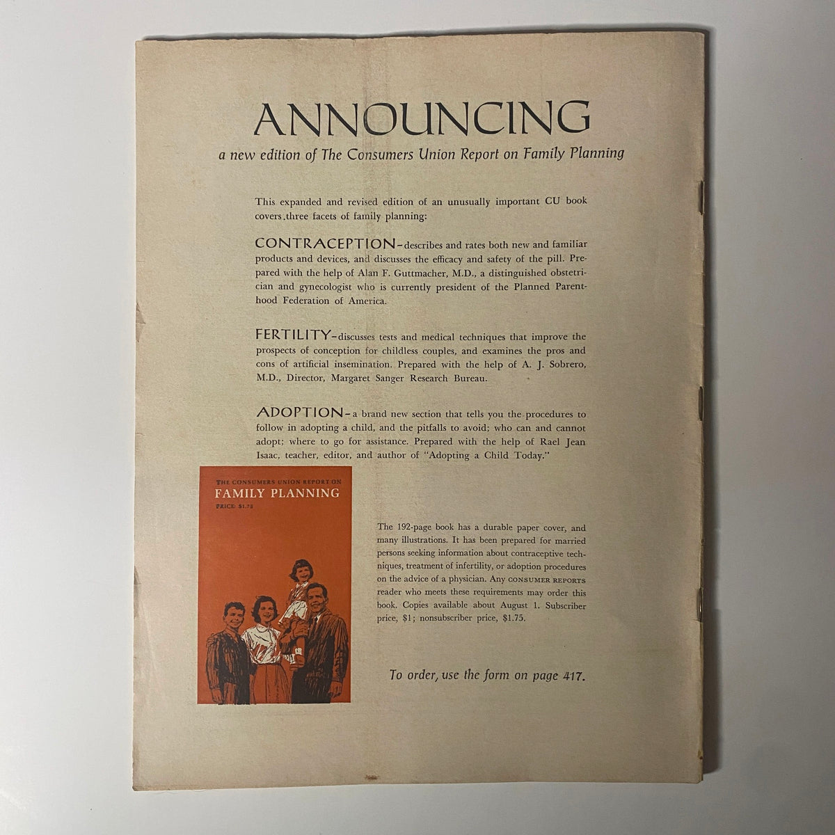 Back cover of Consumer Reports Magazine August 1966 announcing a new edition on family planning, including topics of contraception, fertility, and adoption.