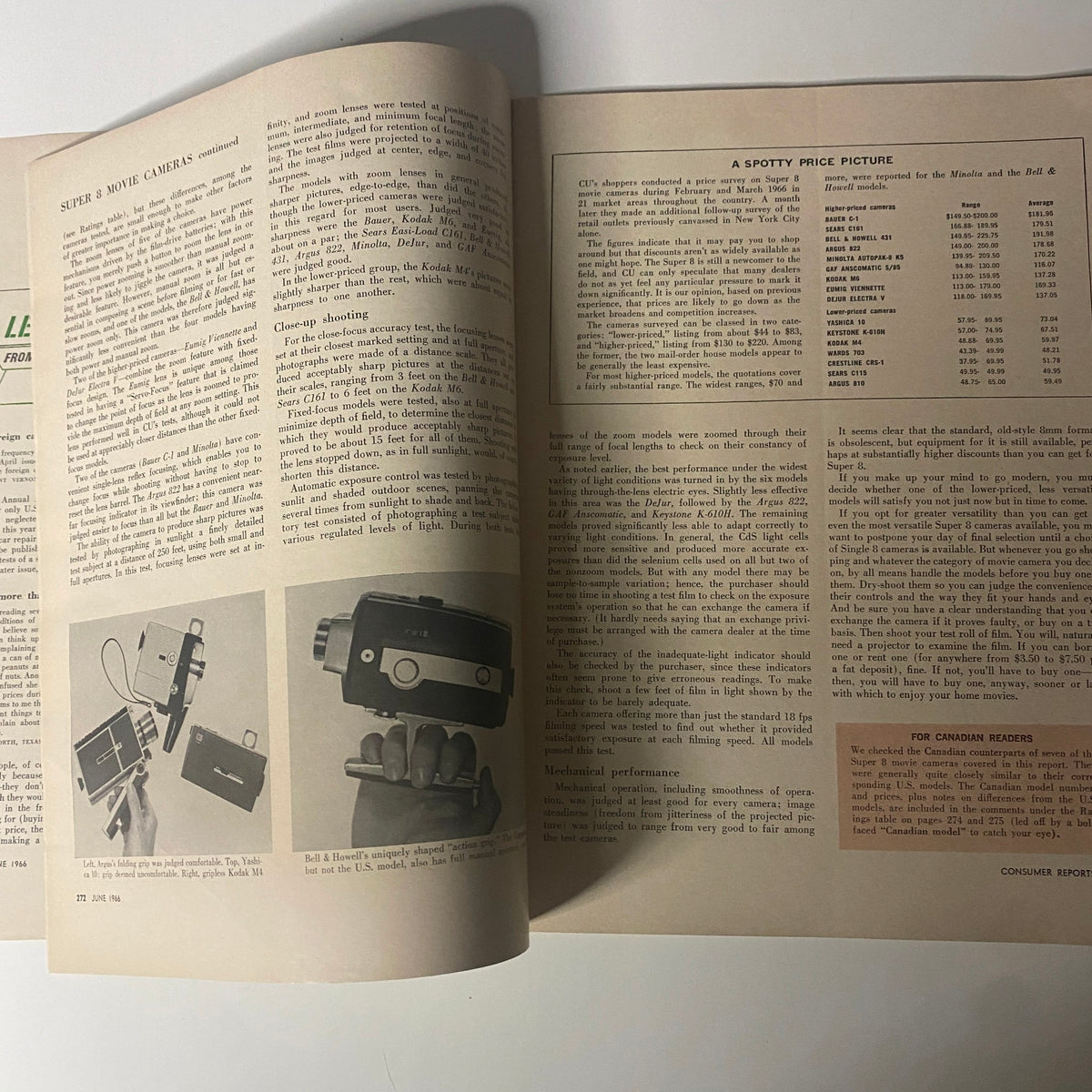 Page from Consumer Reports Magazine June 1966 discussing super 8 movie cameras, their features, and consumer rating evaluations.