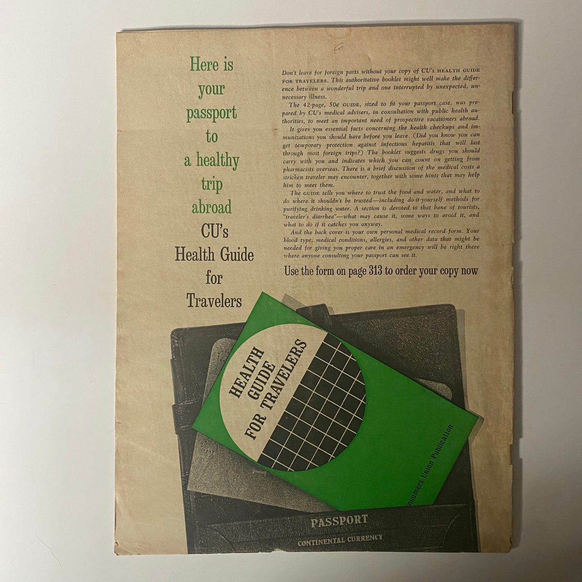 Back cover of Consumer Reports Magazine June 1966 showcasing CU's Health Guide for Travelers and informative health travel tips.