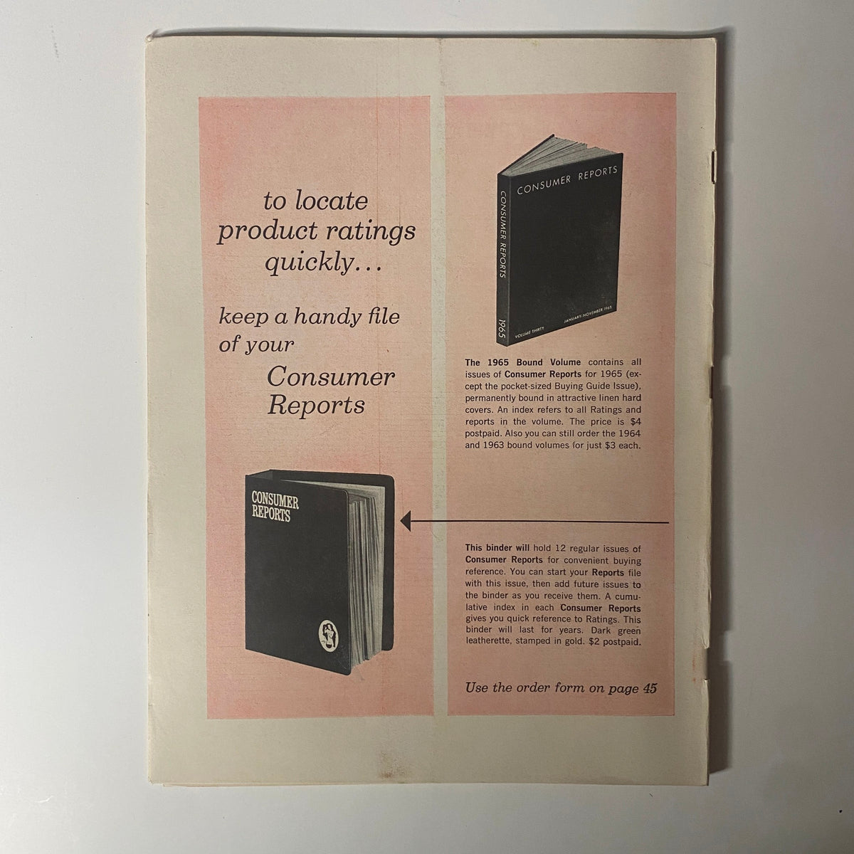 Back cover of Consumer Reports Magazine January 1966, advertising a binder for organizing past issues and ratings of Consumer Reports.