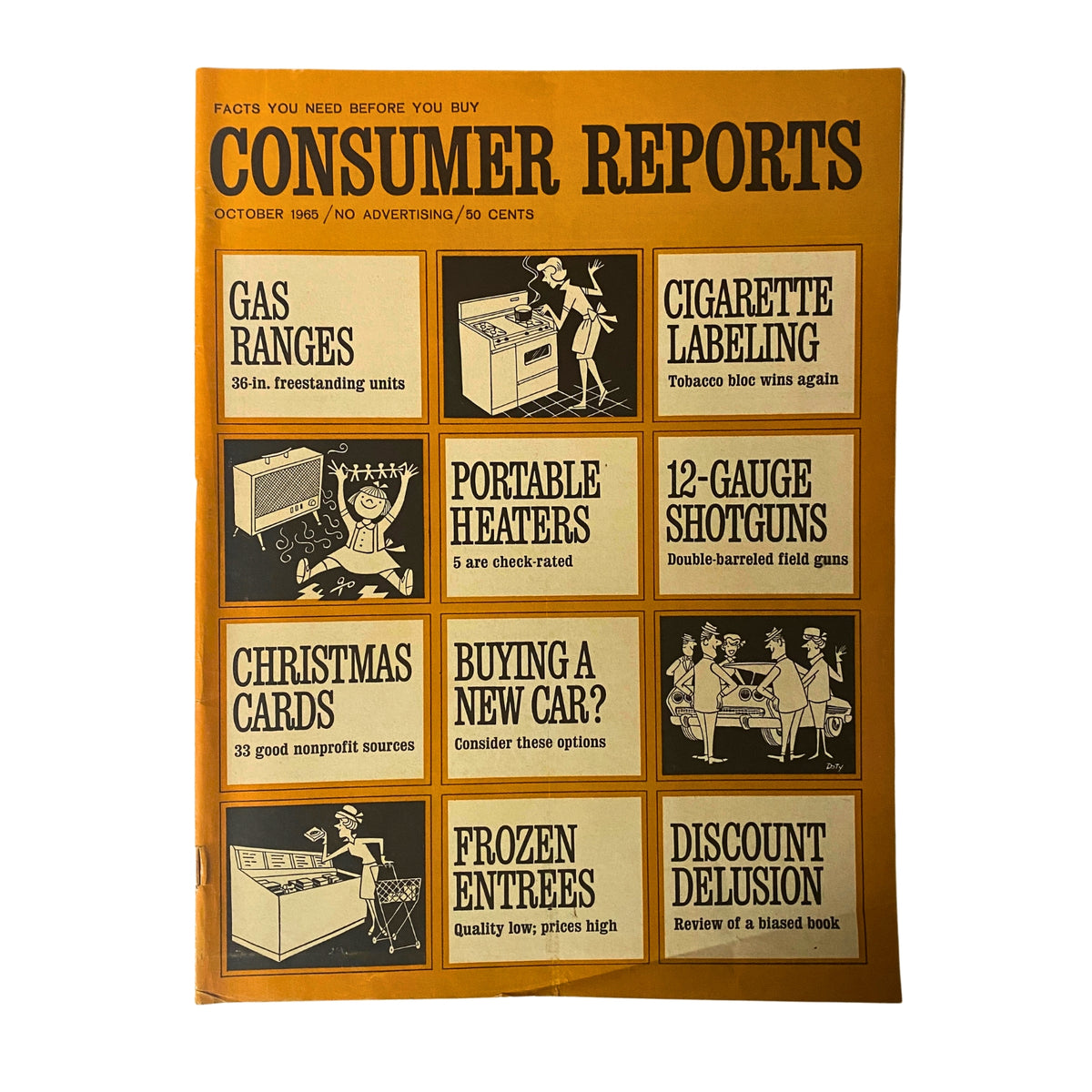 Cover of Consumer Reports Magazine from October 1965 featuring the title 'Discount Delusion', showcasing product evaluations on gas ranges, portable heaters, cigarette labeling, and more.