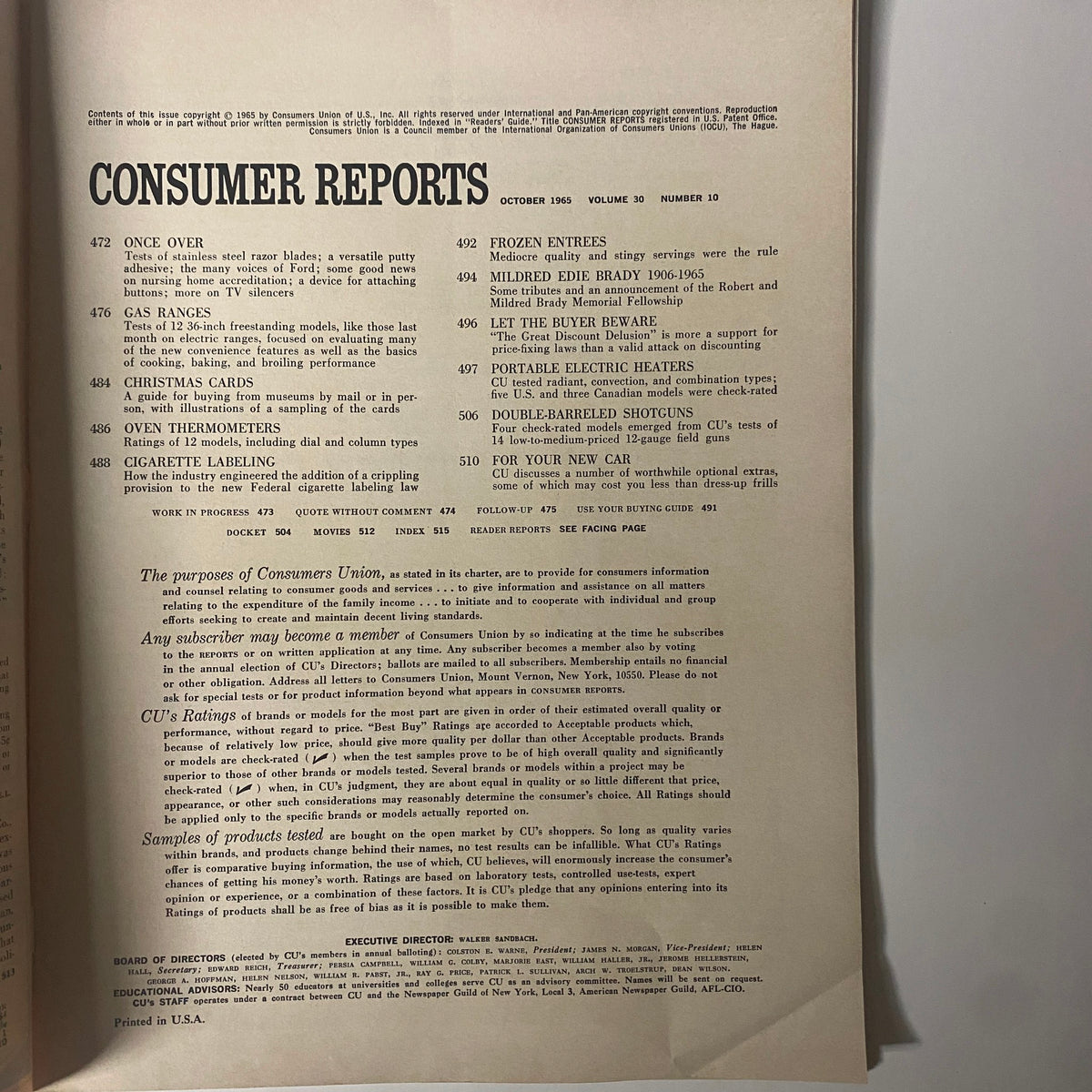 Consumer Reports Magazine October 1965 page featuring contents including coverage of gas ranges, ovens, cigarette labeling, and consumer advocacy topics.