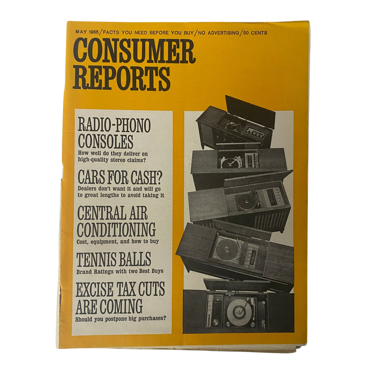Cover of Consumer Reports Magazine May 1965 featuring evaluations on radio-phono consoles, cars, central air conditioning, tennis balls, and excise tax cuts.
