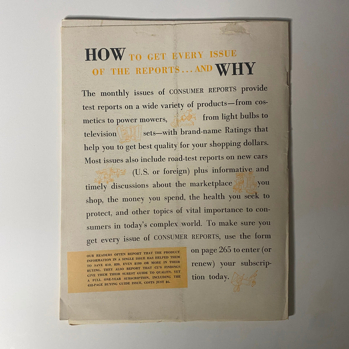 Back cover of Consumer Reports Magazine May 1965, detailing subscription information and the importance of consumer product evaluations, with a focus on a wide variety of test reports.
