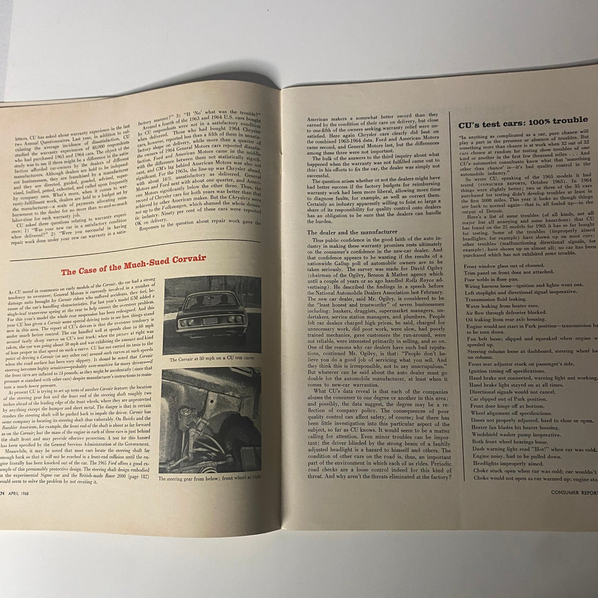 Article spread from Consumer Reports Magazine April 1965 discussing the Case of the Much-Sued Corvair and safety issues.