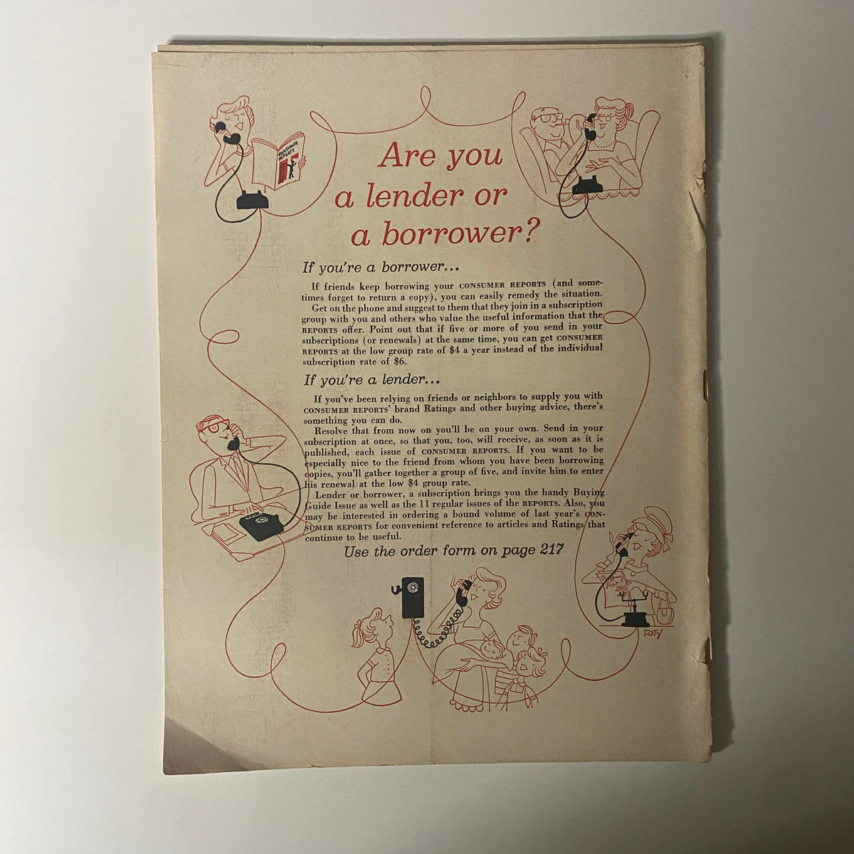 Back cover of Consumer Reports Magazine April 1965, promoting subscription options for borrowers and lenders, featuring illustrations related to magazine borrowing dynamics.