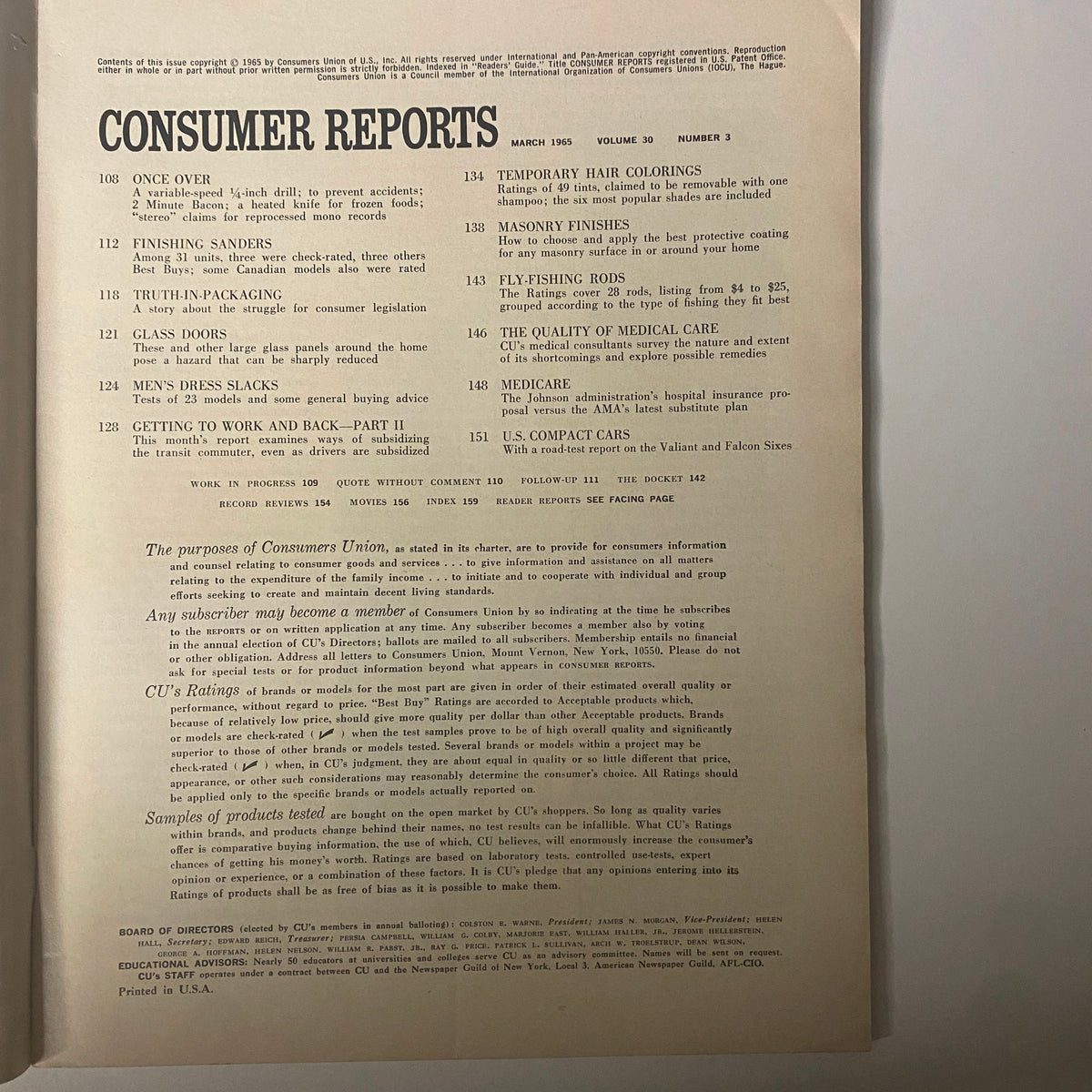 Inside pages of Consumer Reports Magazine March 1965 featuring the table of contents with listed articles on consumer issues such as Truth-In-Packaging, Finishing Sanders, and Men's Dress Slacks.